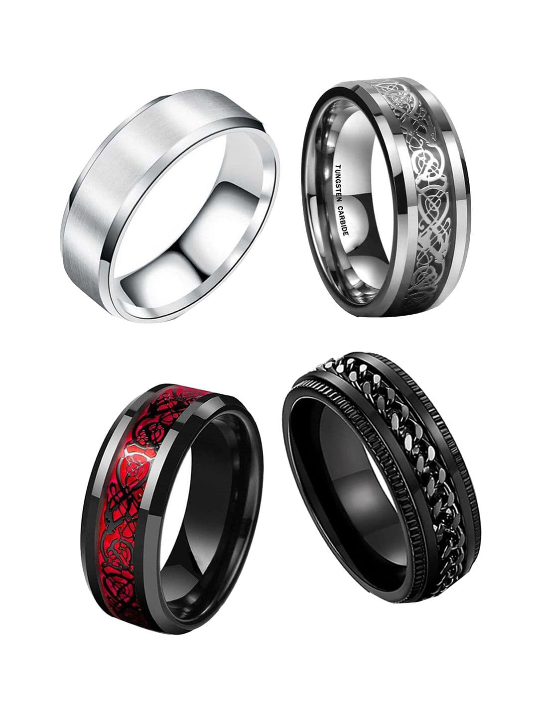 MEENAZ Unisex Set Of 4 Silver-Plated Textured Band Finger Rings - view 1