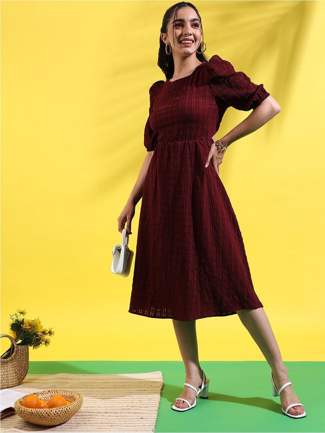 PINACOLADA Maroon Checked Puff Sleeves Cut-Outs Fit & Flare Midi Dress - view 1