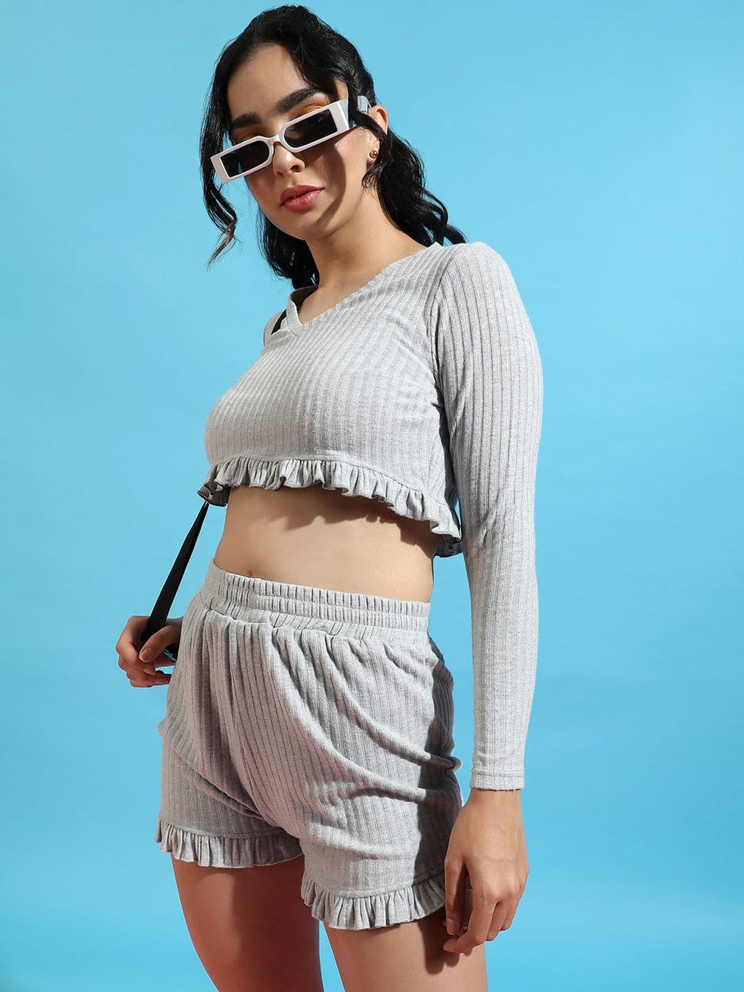PINACOLADA Ribbed Self Design V-Neck Crop Top and Shorts - view 1