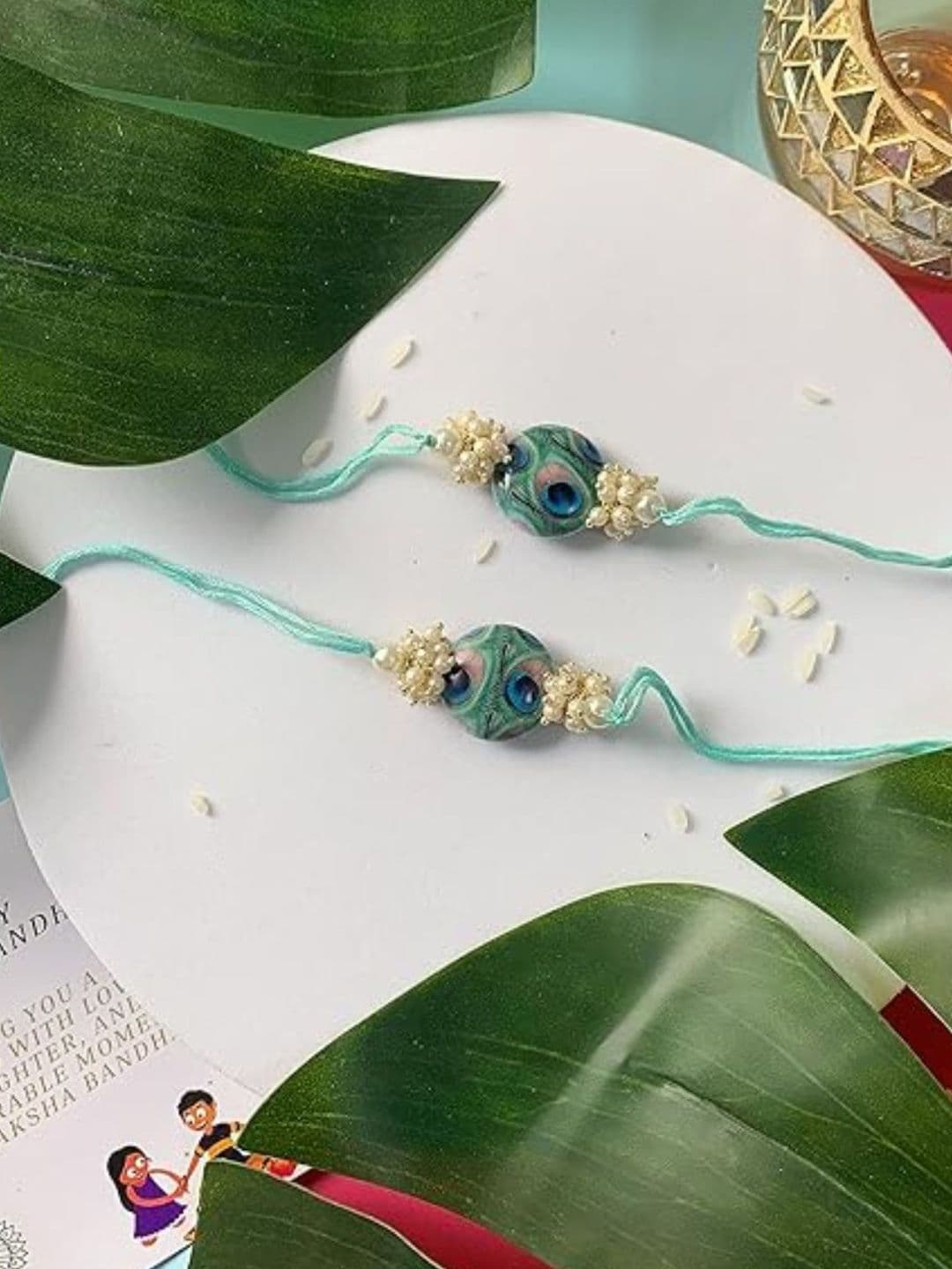 I Jewels Set Of 2 Kundan Studded Thread Rakhis With Roli Chawal - view 1