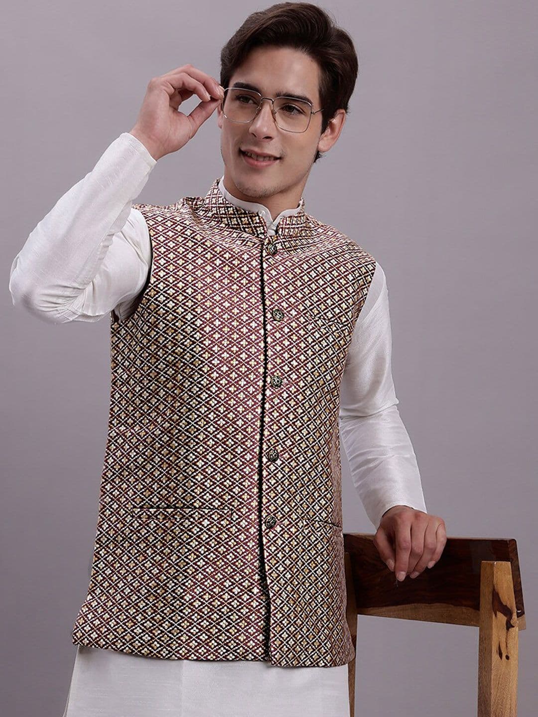 Jompers Woven Design Mandarin Collar Nehru Jacket - view 1