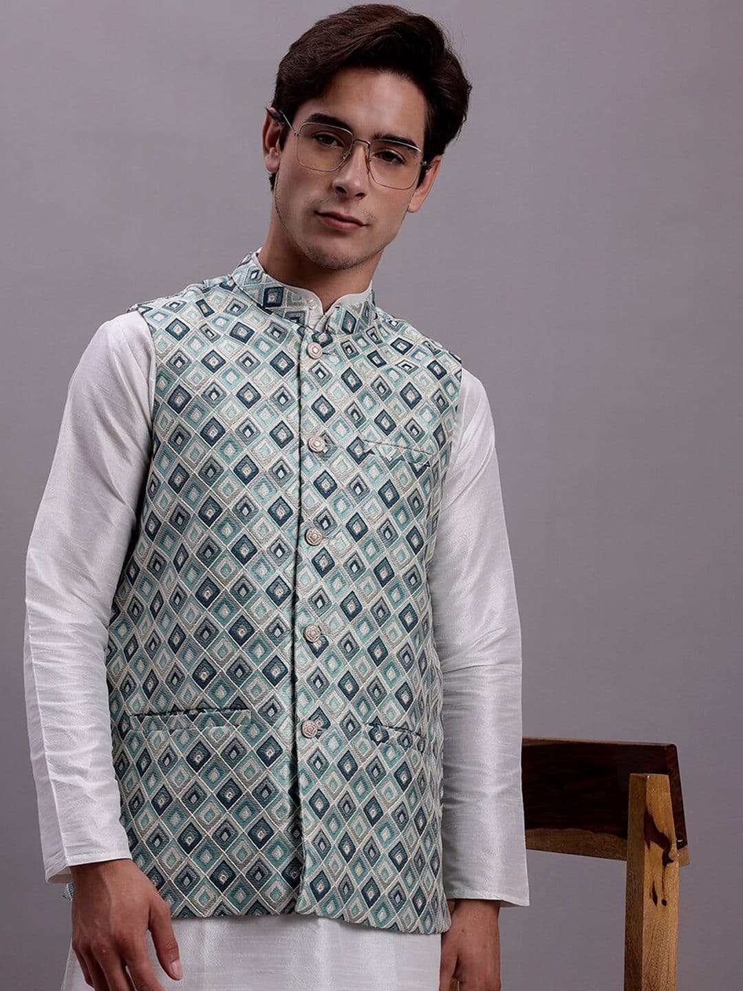 Jompers Woven Design Satin Nehru Jackets - view 1