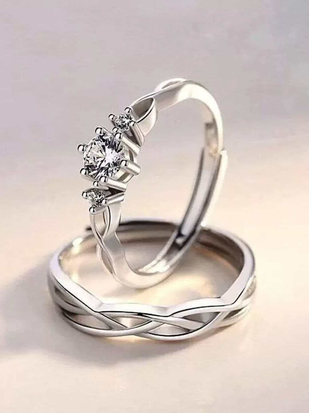 KARISHMA KREATIONS Set of 2 Silver-Plated AD-Studded Stainless Steel CoupleRings - view 1