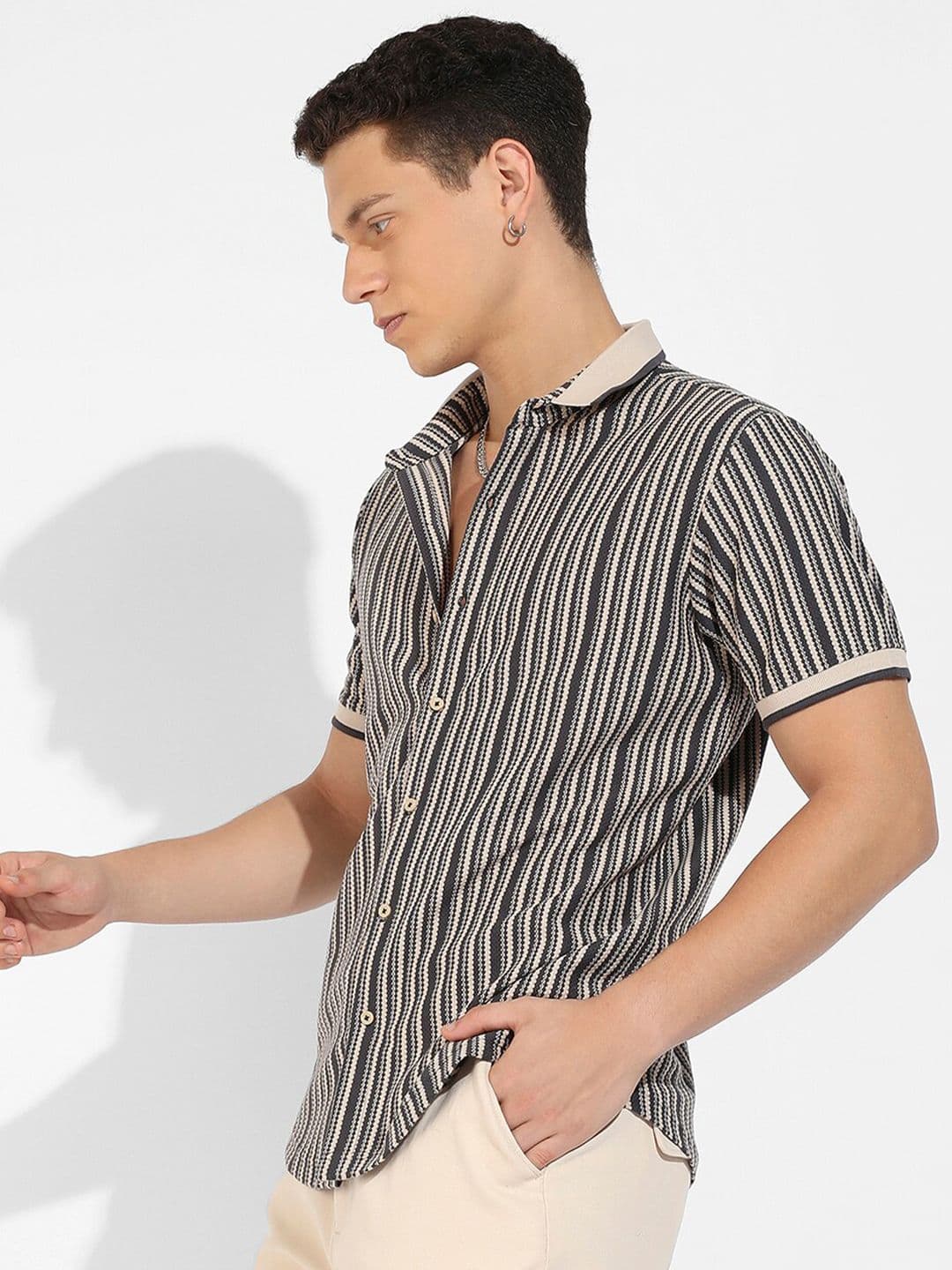 CAHOOT Beige & Black Classic Striped Cotton Casual Shirt - view 1