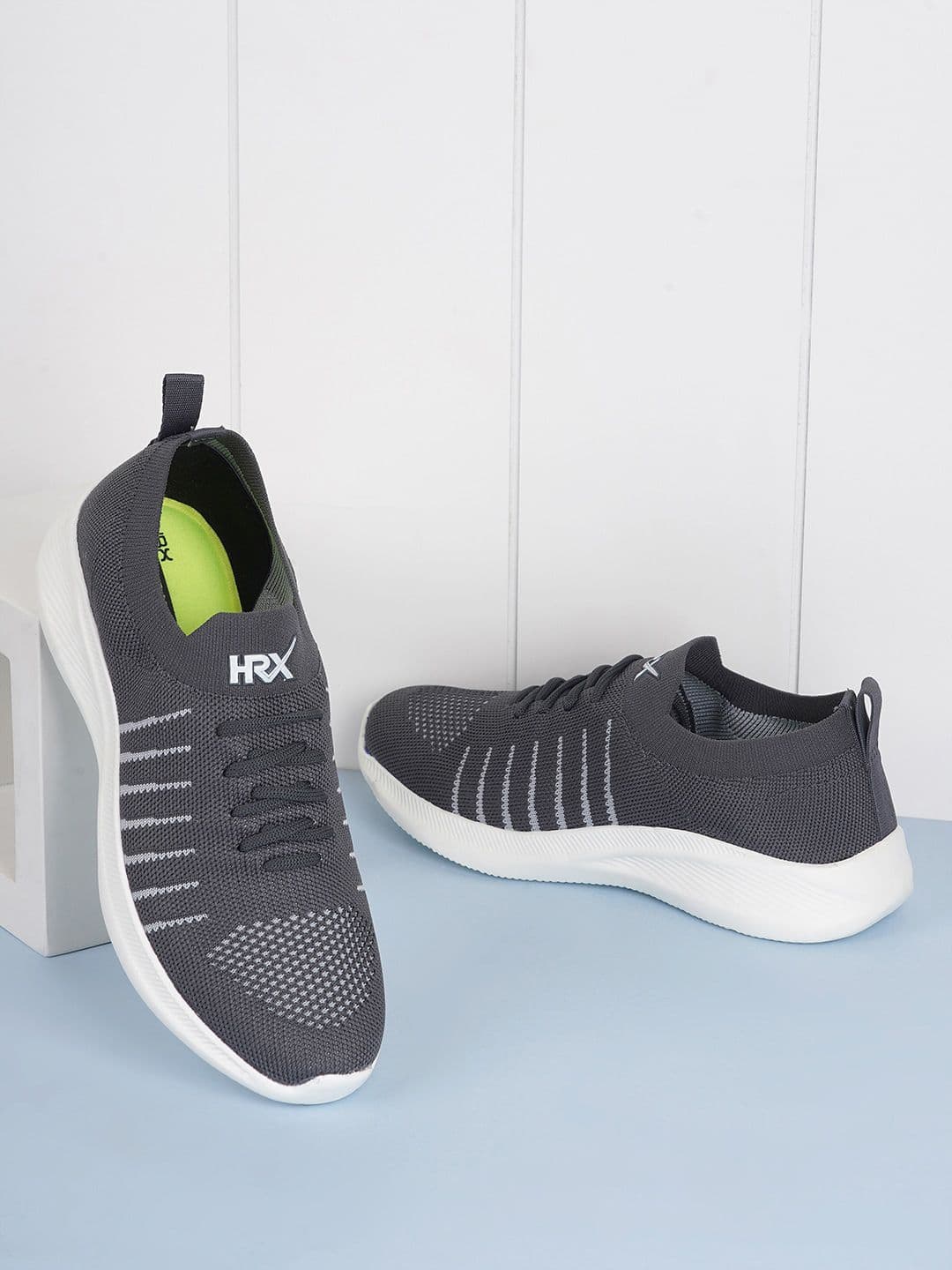 HRX by Hrithik Roshan Men Grey & White Striped Contrast Sole Slip On Sneakers - view 1