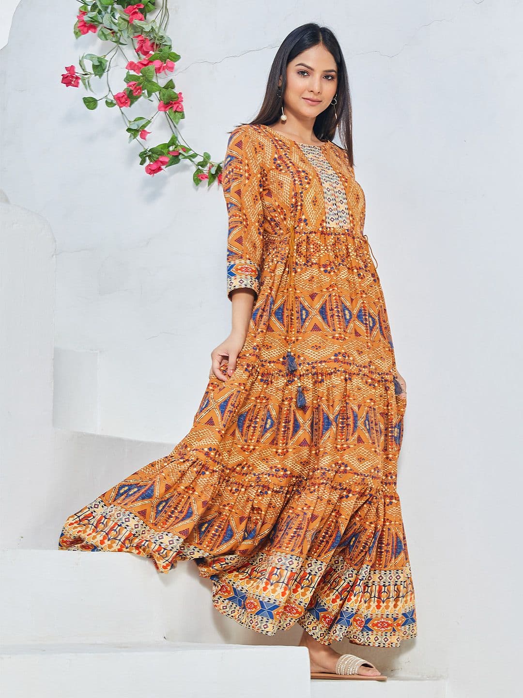 Biba Ethnic Motifs Printed Fit & Flare Tiered Cotton Ethnic Dress - view 1