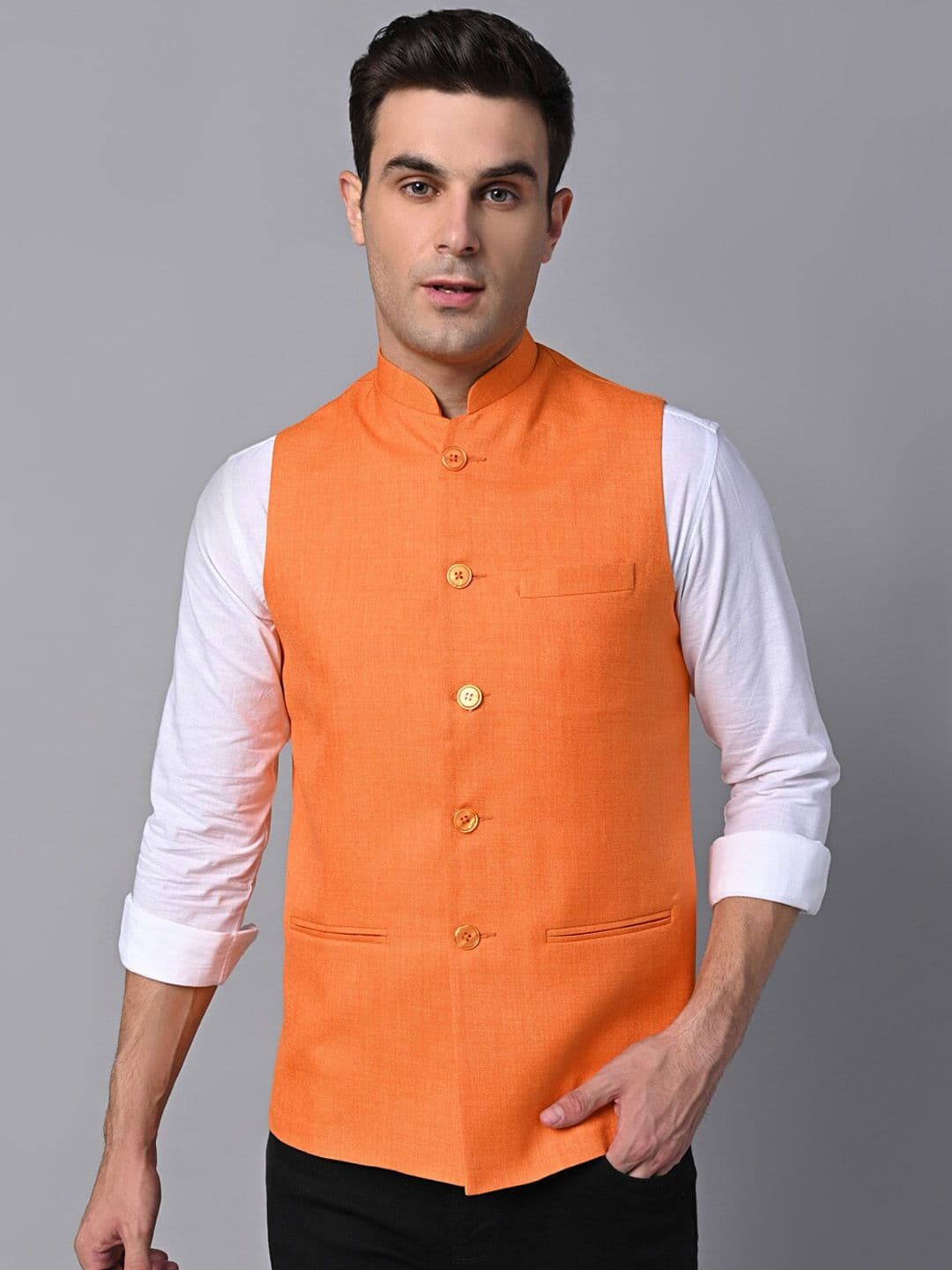 Vastraa Fusion Mandarin Collar Jute Cotton Nehru Jacket - view 1
