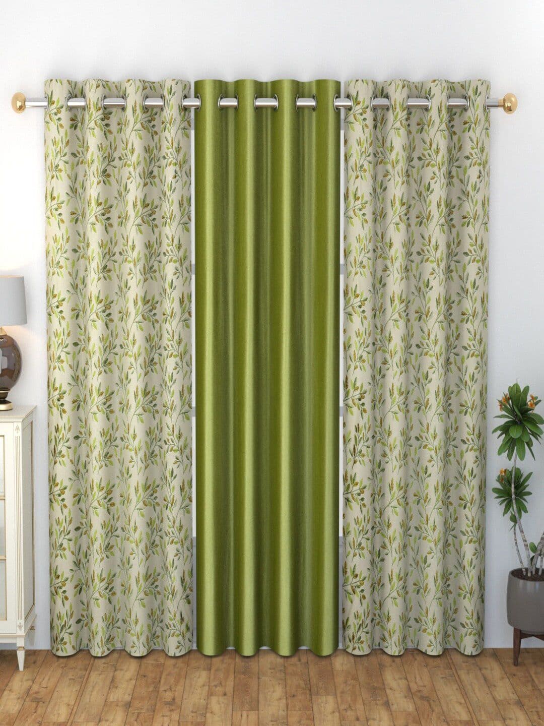 Homefab India Ferncombo Green & Beige Set of 3 Floral Long Door Curtains - view 1