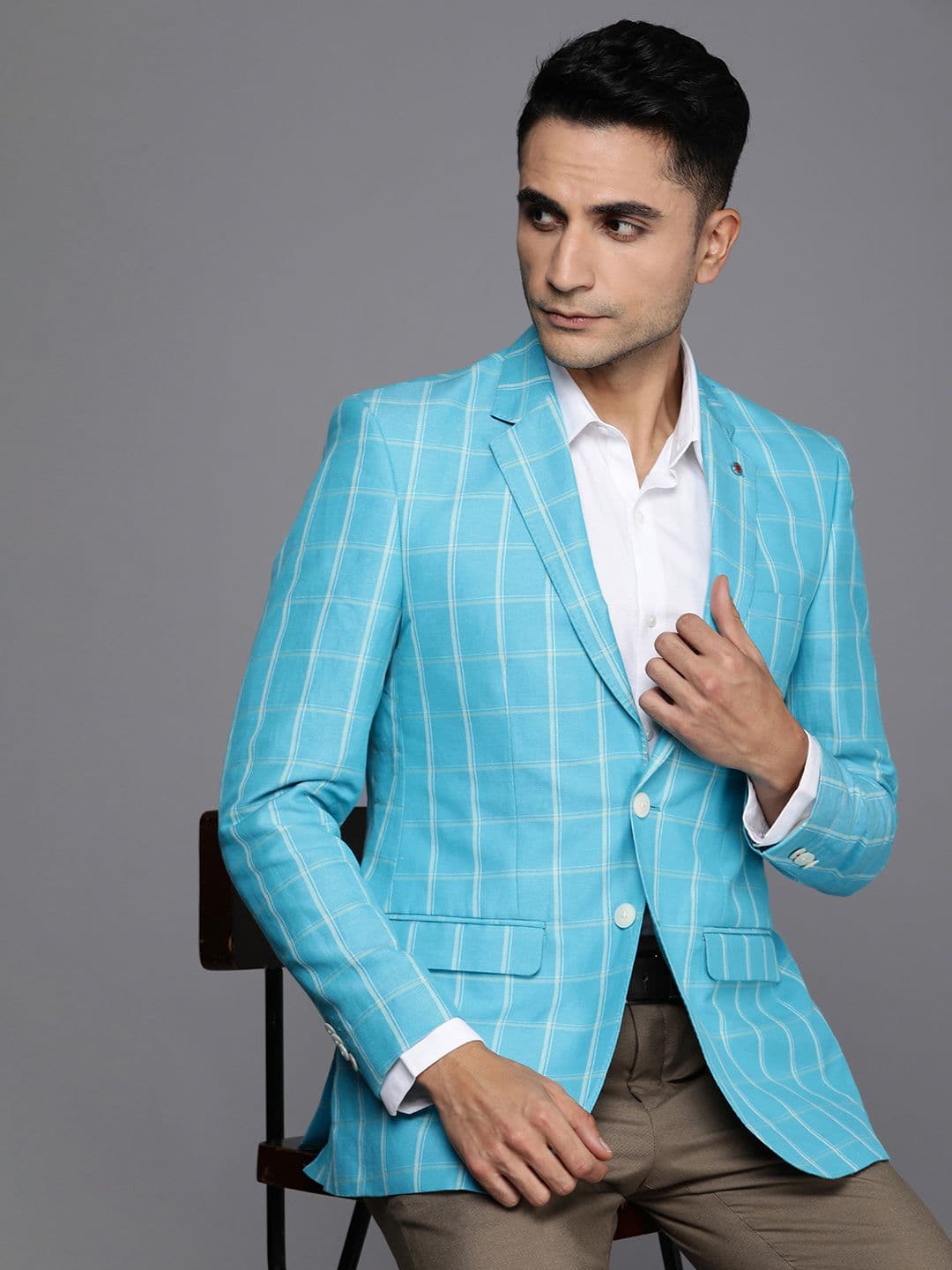 Raymond Linen Cotton Contemporary Fit Single-Breasted Checked Formal Blazers - view 1
