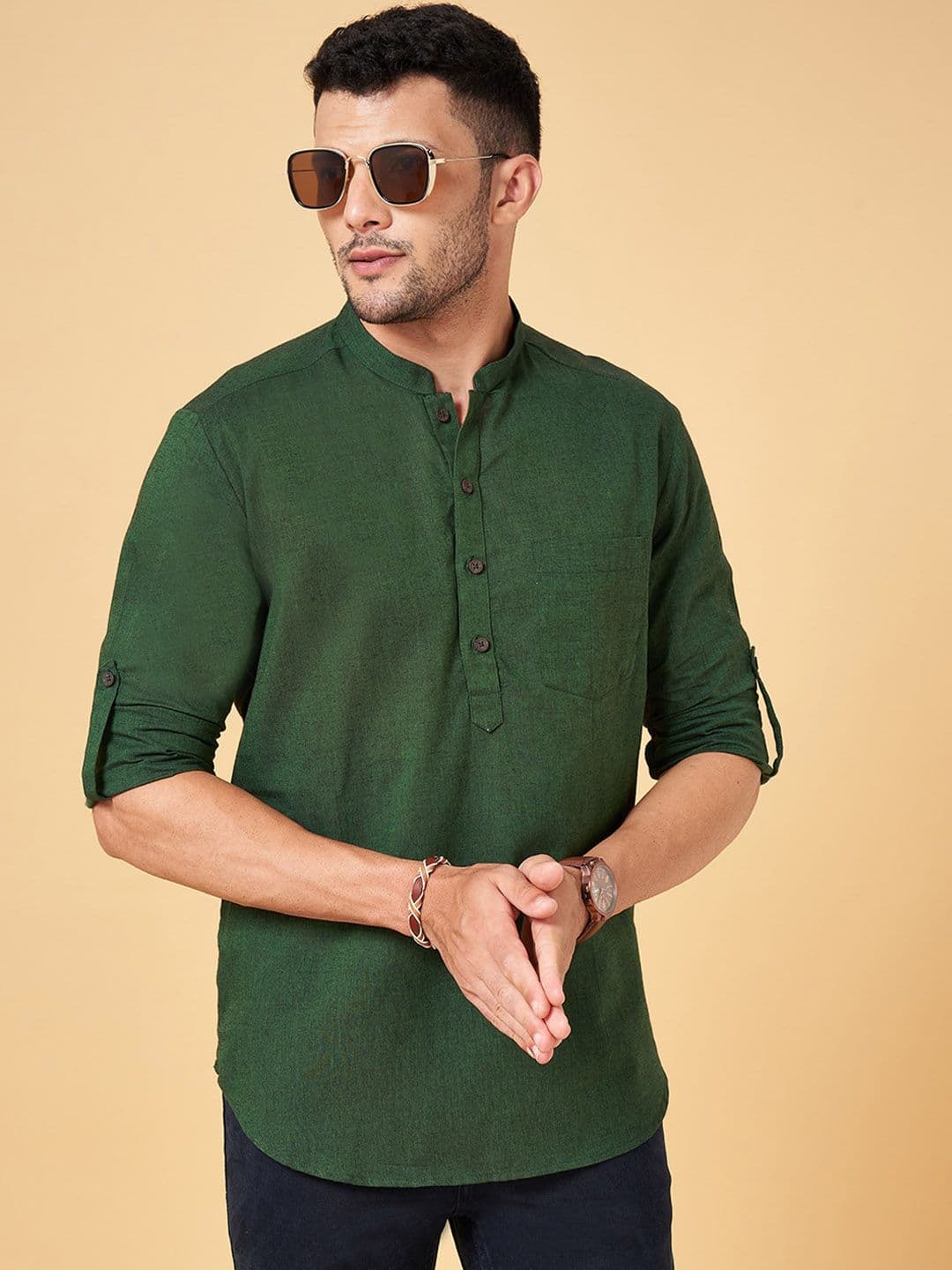 indus route by Pantaloons Mandarin Collar Cotton Straight Kurta - view 1