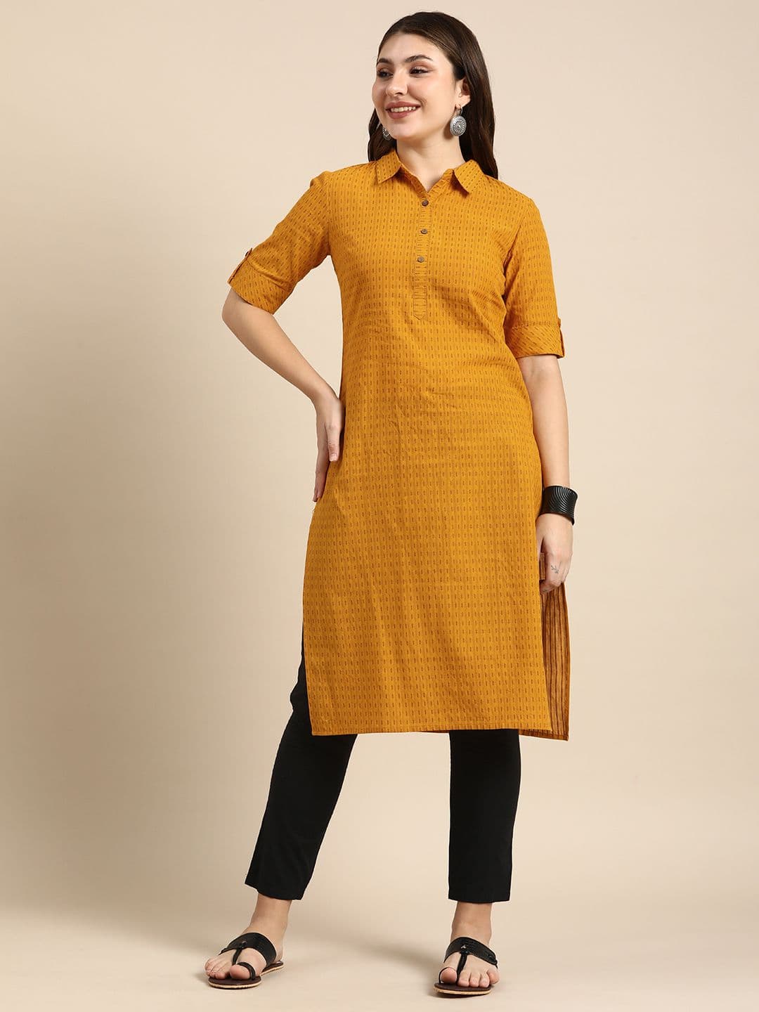 Anouk X fwd Shirt Collar Roll-Up Sleeves Dobby Pathani Cotton Kurta - view 1