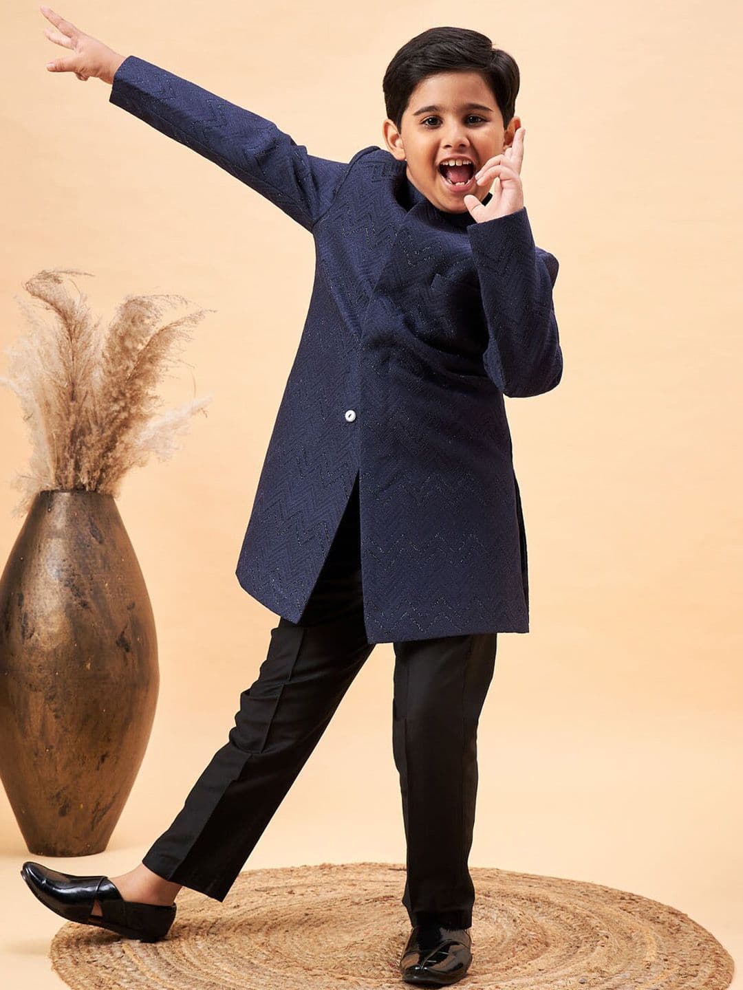 VASTRAMAY Boys Self Design Mandarin Collar Sherwani Set - view 1