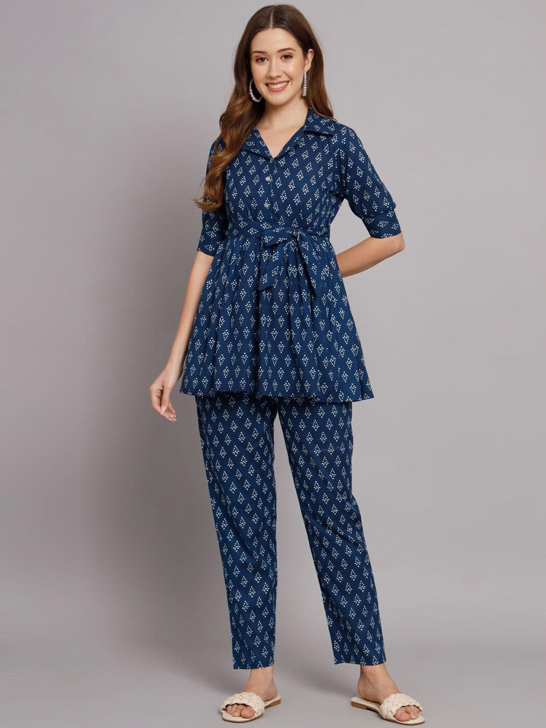 KALINI Printed Shirt Collar Pure Cotton Top With Trousers - view 1