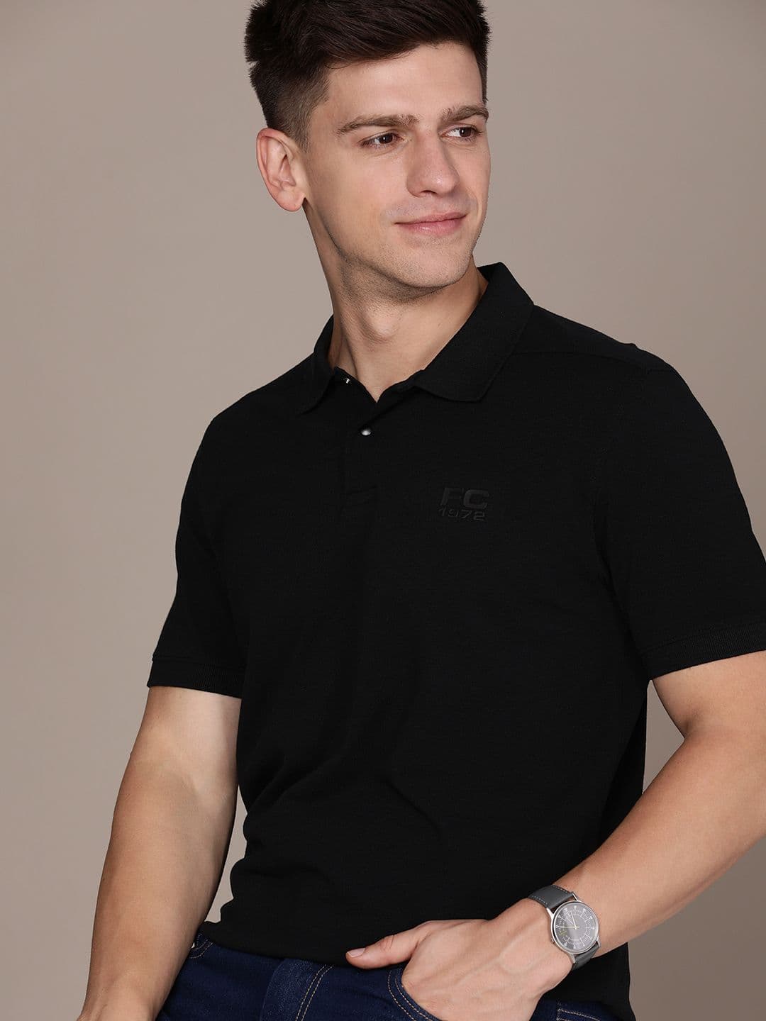 French Connection Men Black & insignia blue Polo Collar Pure Cotton T-shirt - view 1