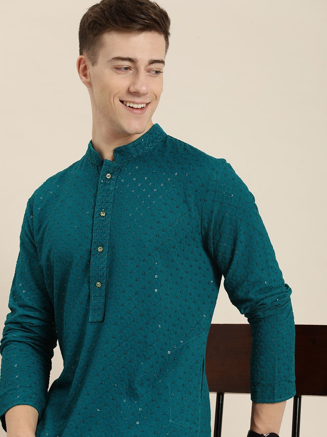 HERE&NOW Men Ethnic Motifs Embroidered Chikankari Kurta - view 1