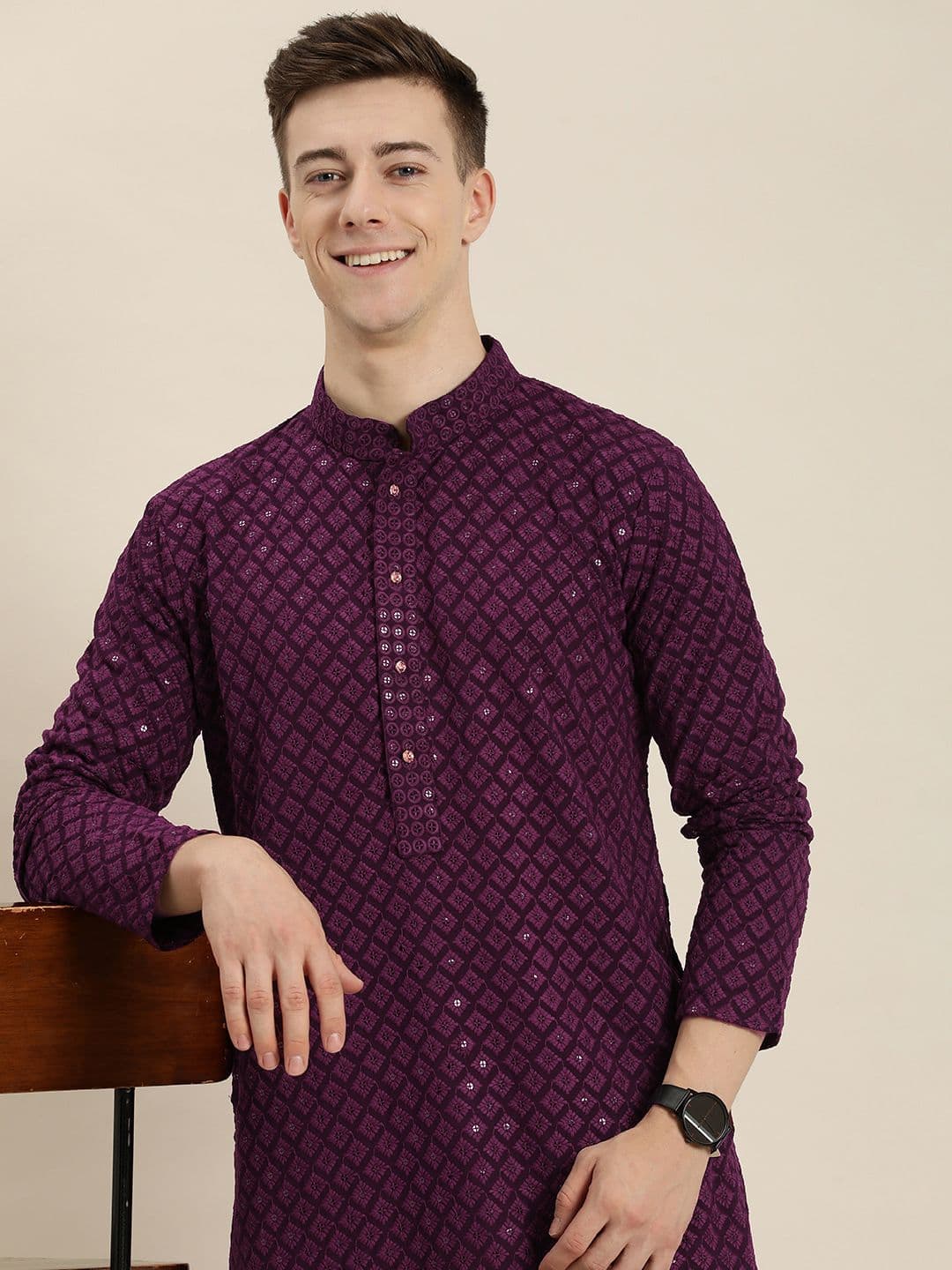 HERE&NOW Men Ethnic Motifs Embroidered Chikankari Kurta - view 1