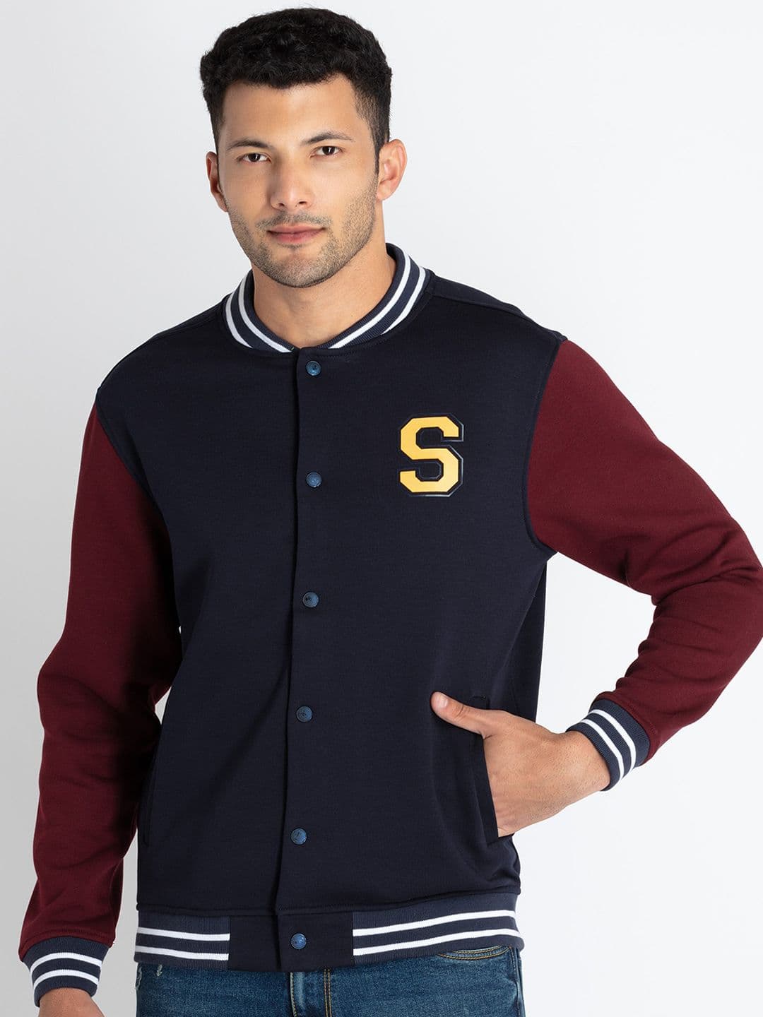 Status Quo Colourblocked Striped Cotton Varsity Jacket With Patchwork - view 1
