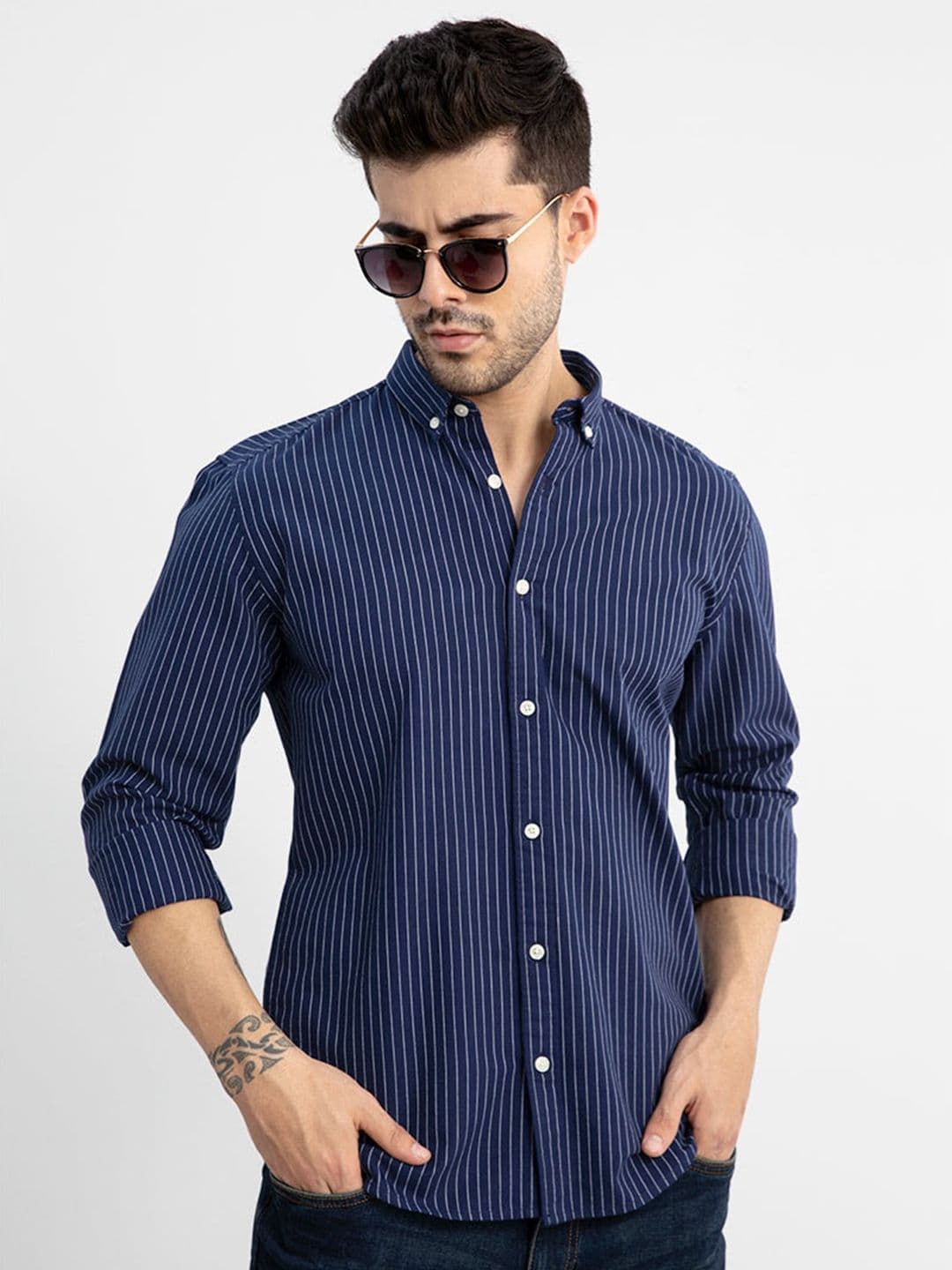 Snitch Navy Blue Striped Classic Slim Fit Pure Cotton Casual Shirt - view 1
