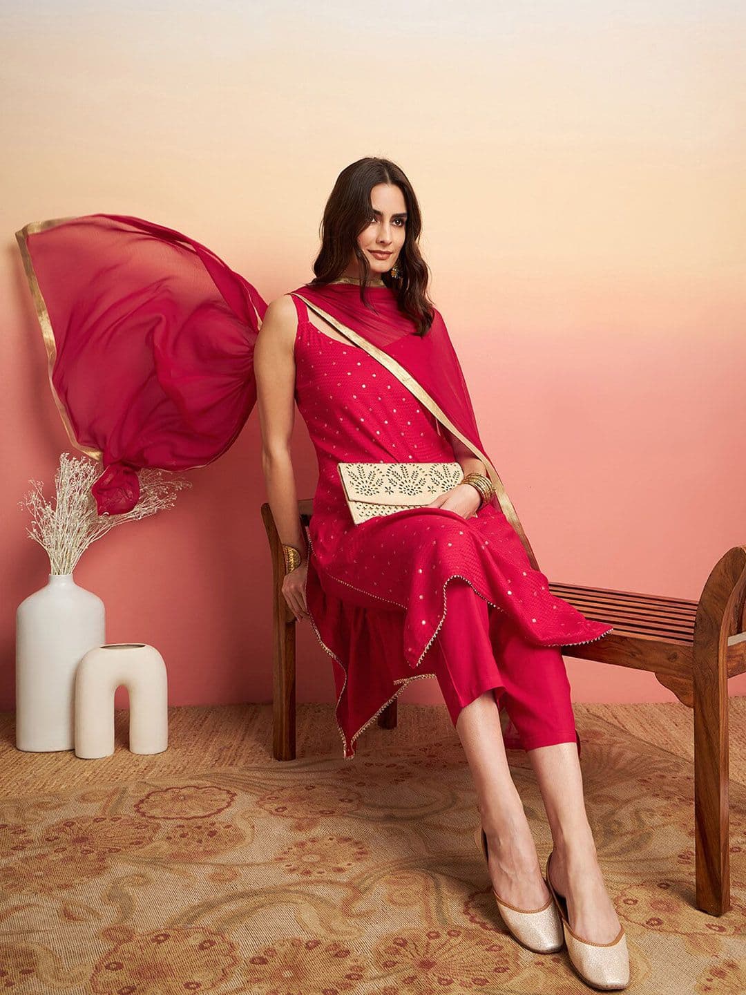 Sangria Embroidered Shoulder Straps Straight Kurta With Trousers & Dupatta - view 1