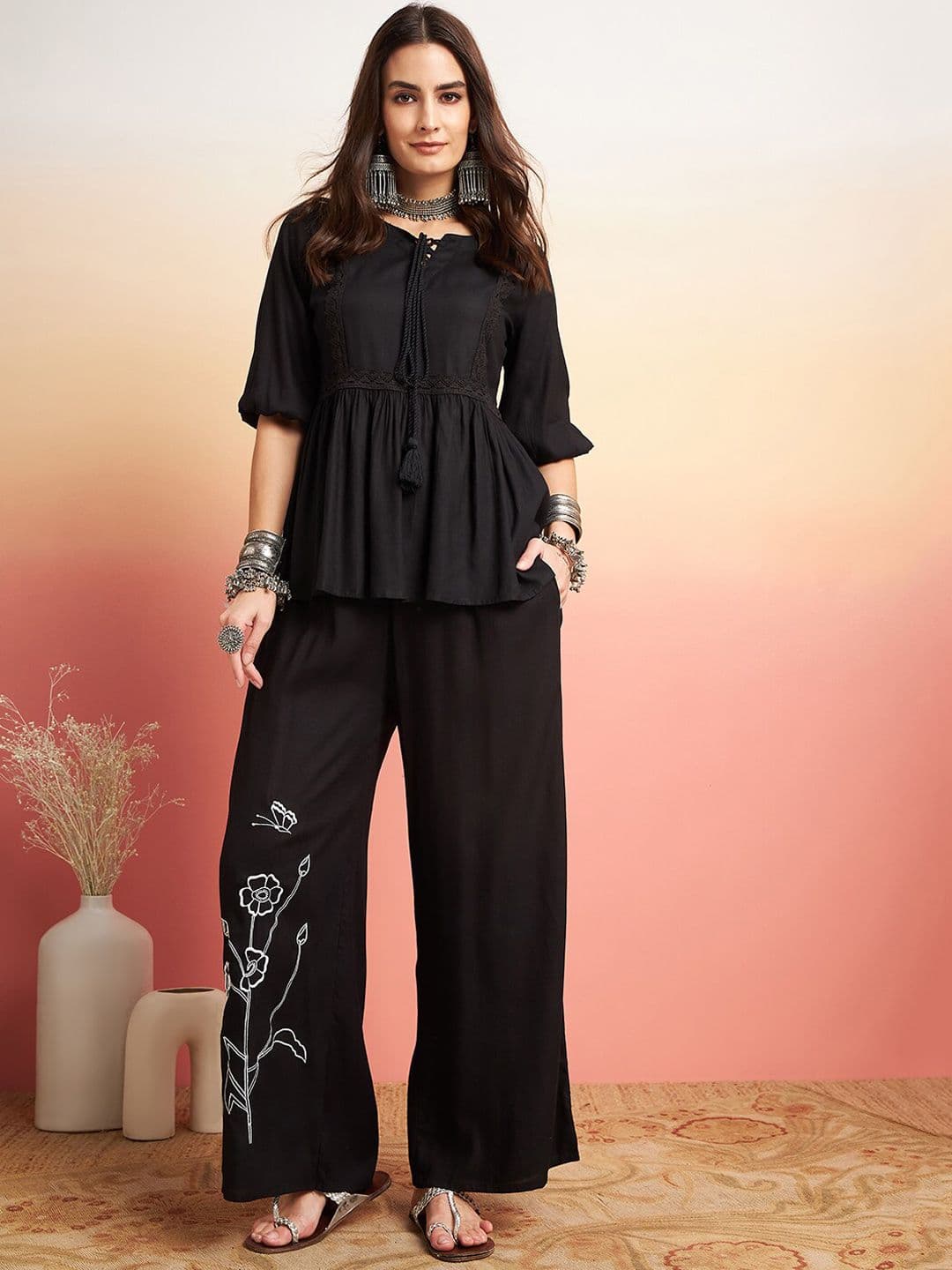 Sangria Embellished Lace Up Detail Top & Palazzo Co-Ords Set - view 1
