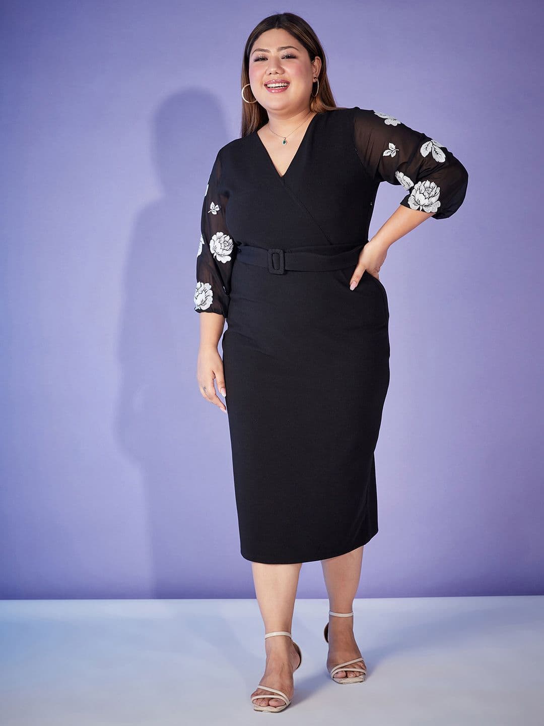 SASSAFRAS Curve Plus Size Black V-Neck Sheath Midi Dress - view 1