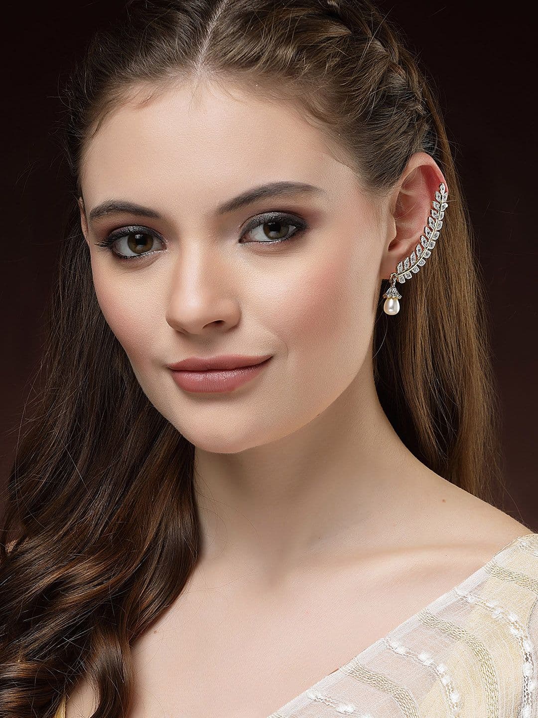 DressBerry White American Diamond Gold-Plated Leaf Shaped Ear Cuff Earrings - view 1