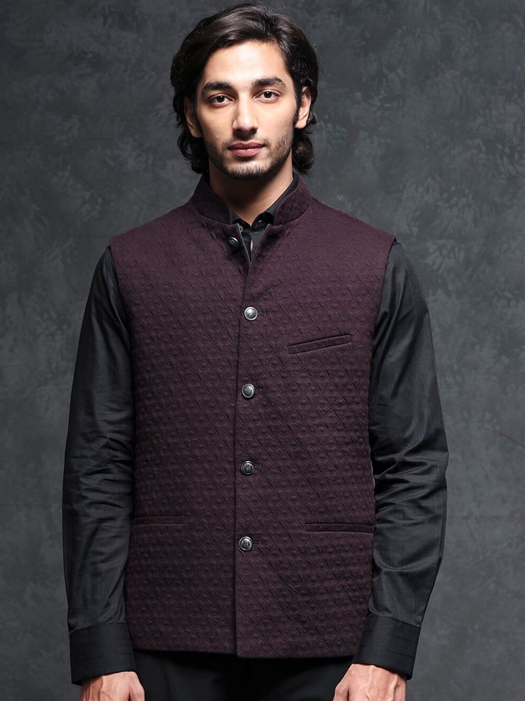 RARE RABBIT Men Maroon Tailored Fit Festive Bandhgala - view 1