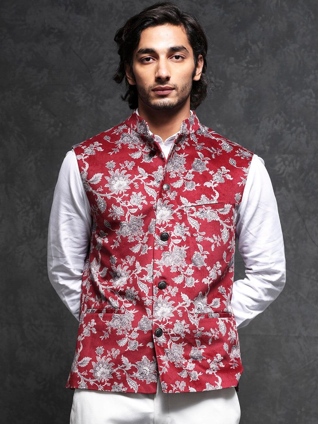 RARE RABBIT Men Red Tailored Fit Floral Print Party Bandhgala - view 1