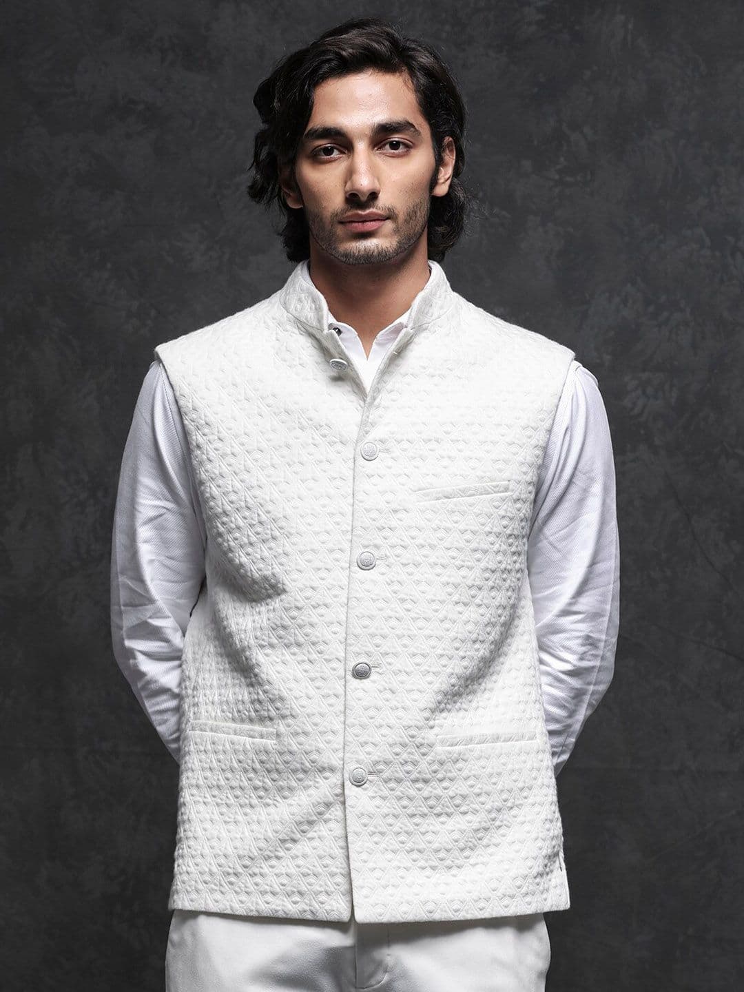 RARE RABBIT Men Off White Tailored Fit Festive Bandhgala - view 1