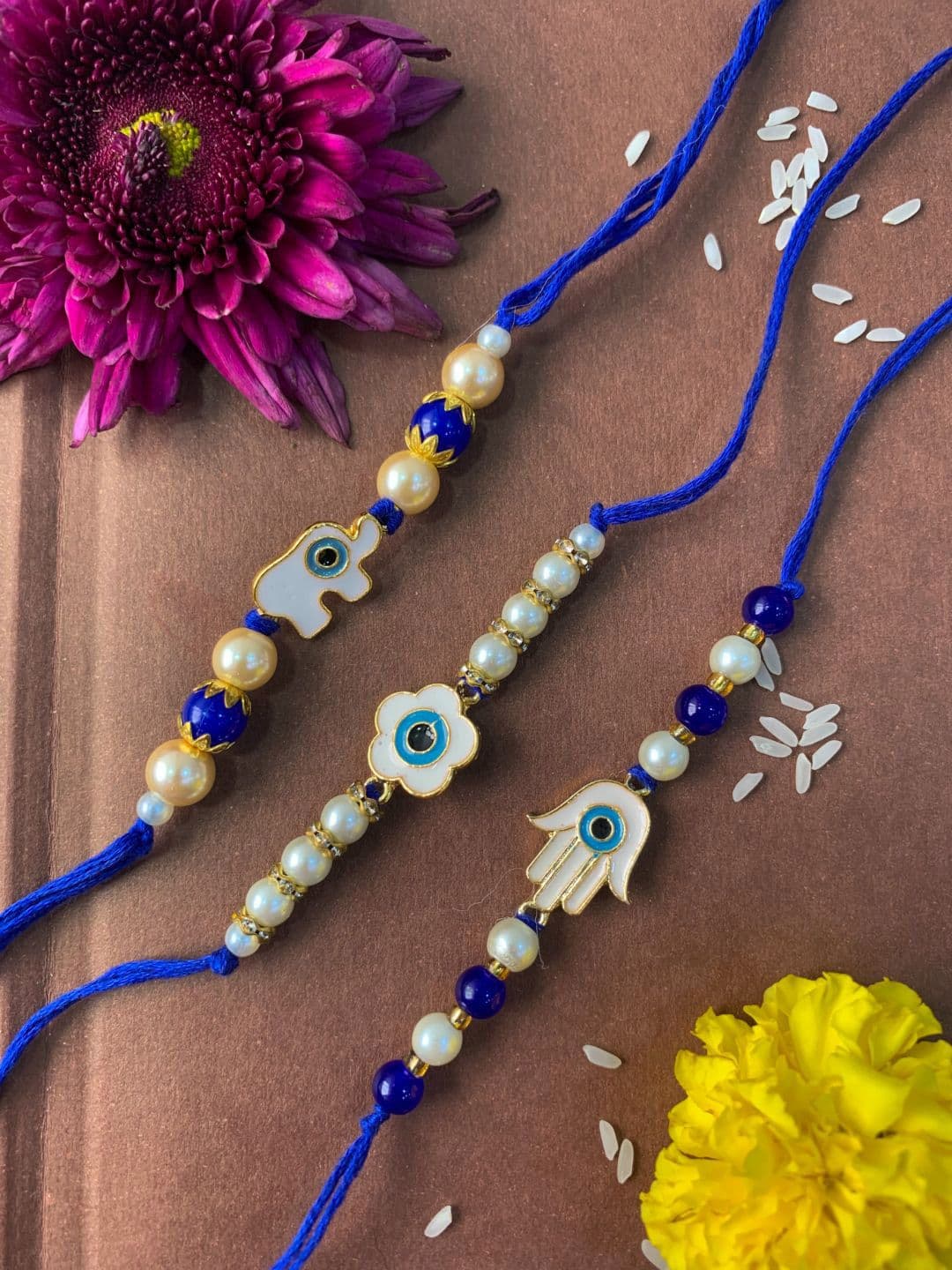 I Jewels Men Set Of 3 Gold-Plated Evil Eye Charm Rakhi With Roli Chwal - view 1