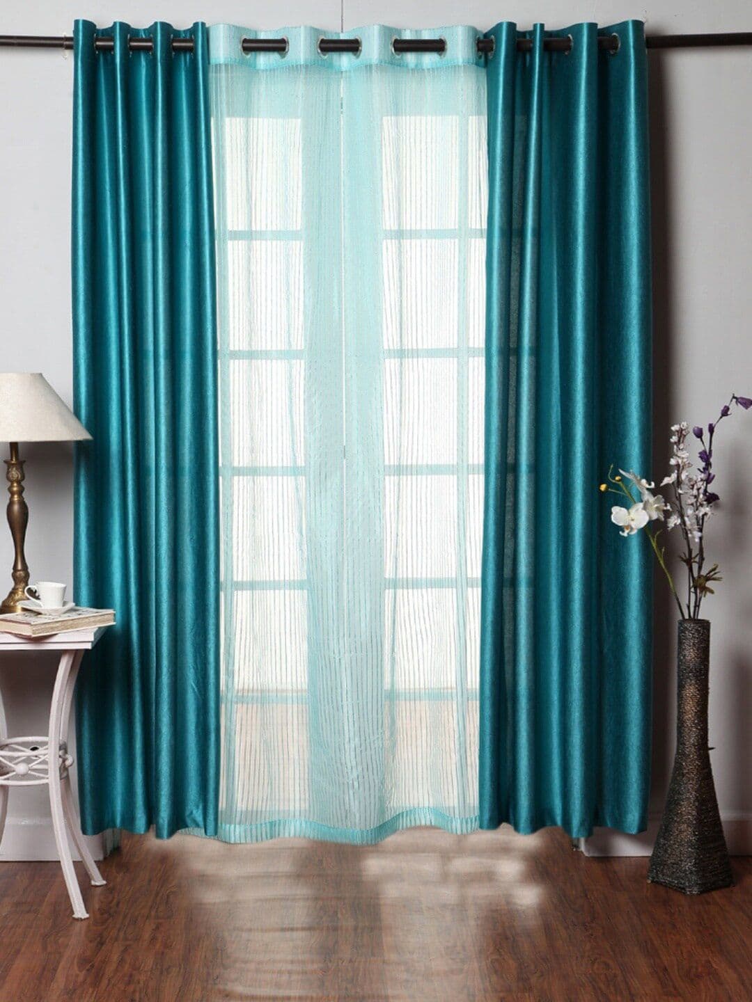 Homefab India Turquoise Blue 3 Pieces Sheer Long Door Curtains - view 1