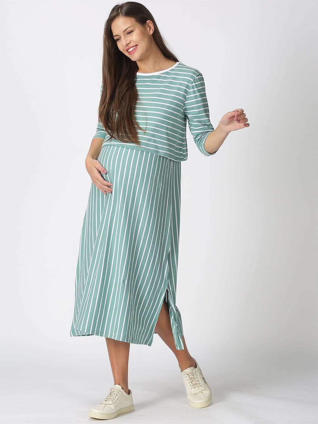 PURPLE FLAUNT Striped Layered Maternity A-Line Midi Dress - view 1