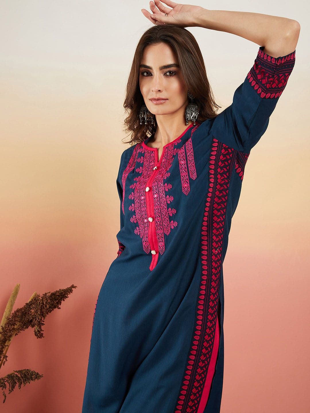 Sangria Navy Blue Ethnic Motifs Embroidered Thread Work Straight Kurta - view 1