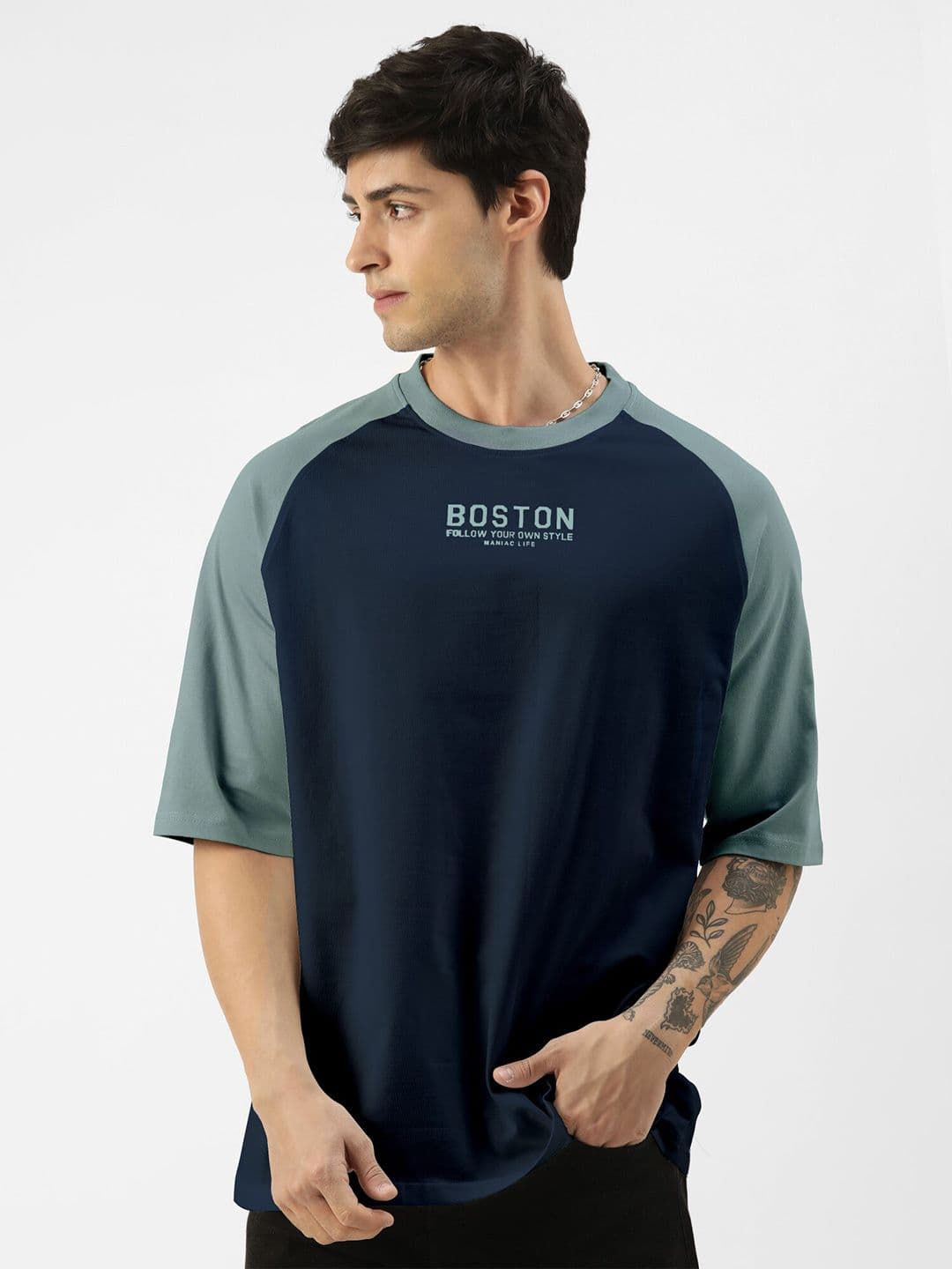 Maniac Colourblocked Raglan Sleeves Pure Cotton Oversized T-shirt - view 1