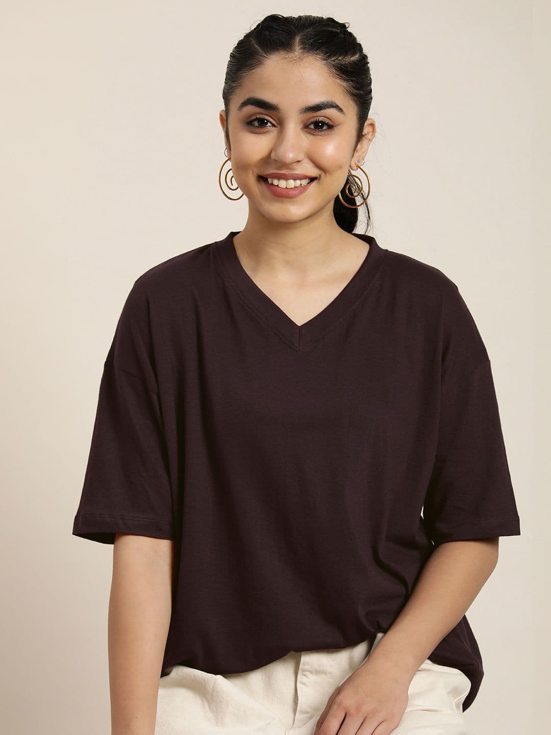 HERE&NOW Women Solid V-Neck Drop-Shoulder Sleeves Pure Cotton Oversized T-shirt - view 1