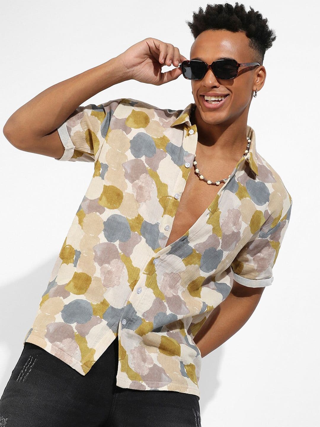 CAHOOT Cream Classic Abstract Printed Cotton Casual Shirt - view 1