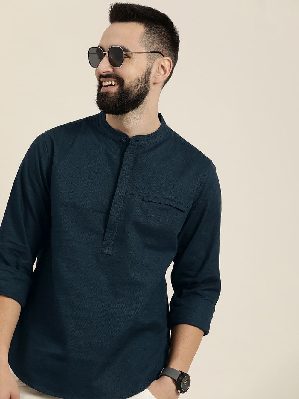 HERE&NOW Men Solid Cotton Short Kurta - view 1
