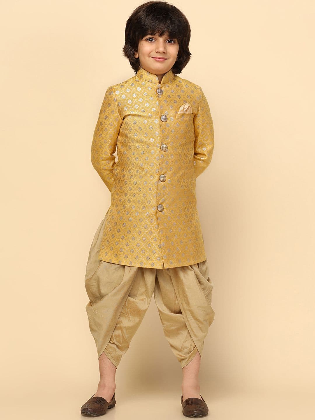 KISAH Boys Woven Design Mandarin Collar Cotton Indowestern Sherwani Set - view 1