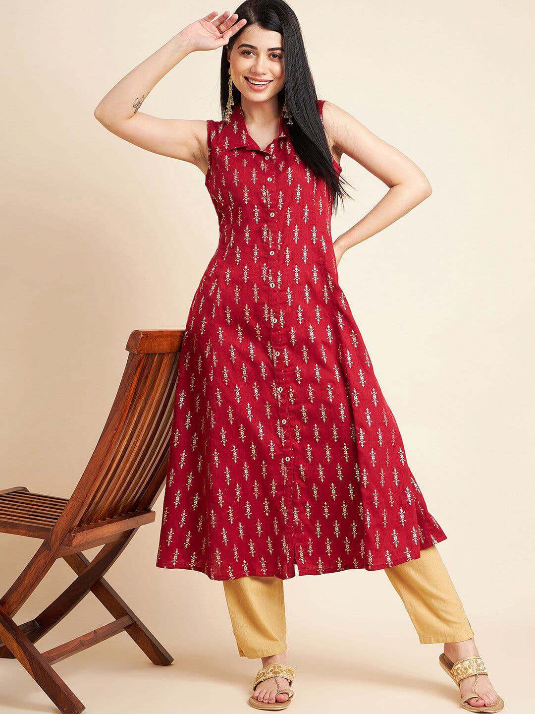 all about you X fwd Floral Printed Sleeveless Cotton A-Line Kurta - view 1