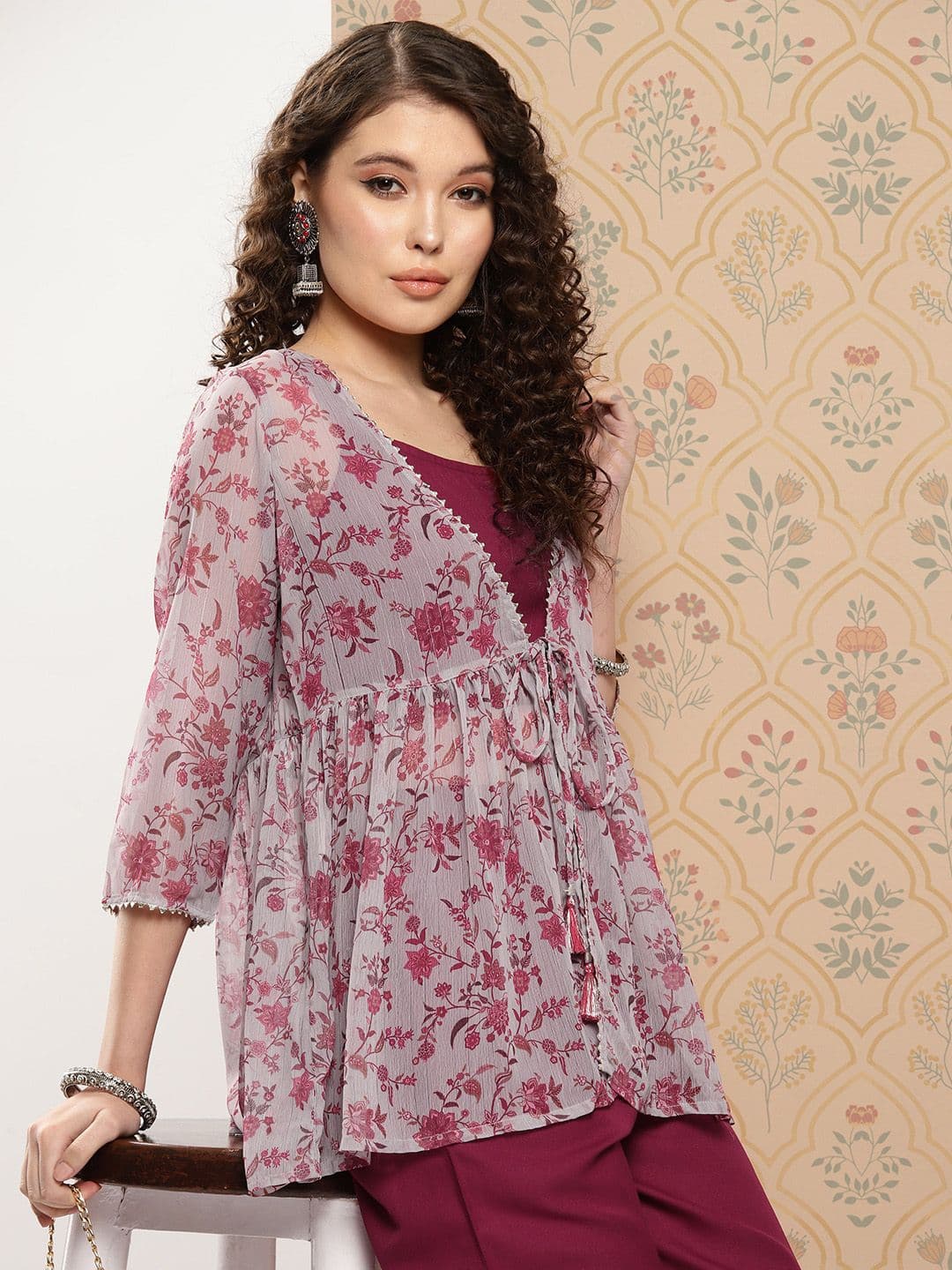 Janasya Women Solid Shoulder Straps Crop Top & Trousers with Floral Print Shrug - view 1