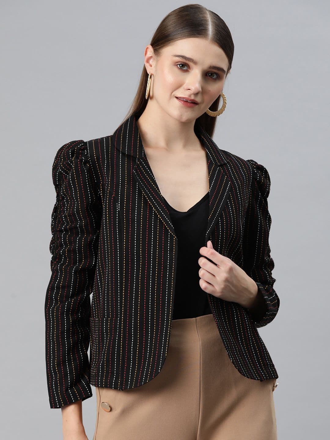 Cottinfab Striped Open Front Jacket with Embroidered Detail - view 1