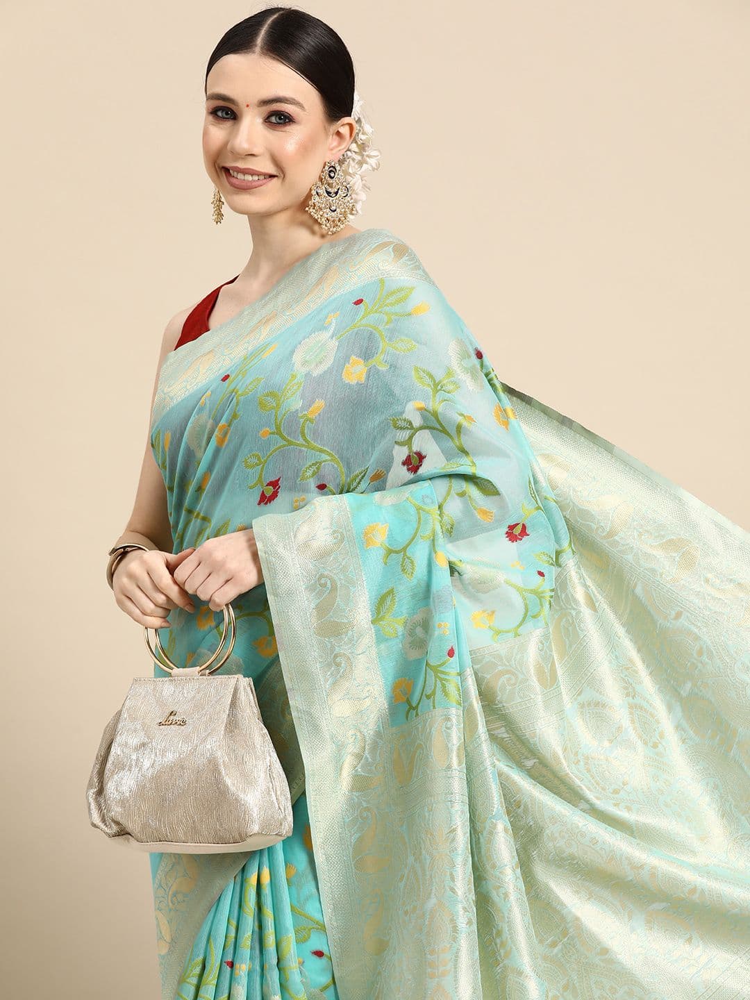 Silk Land Floral Zari Cotton Jamdani Saree - view 1