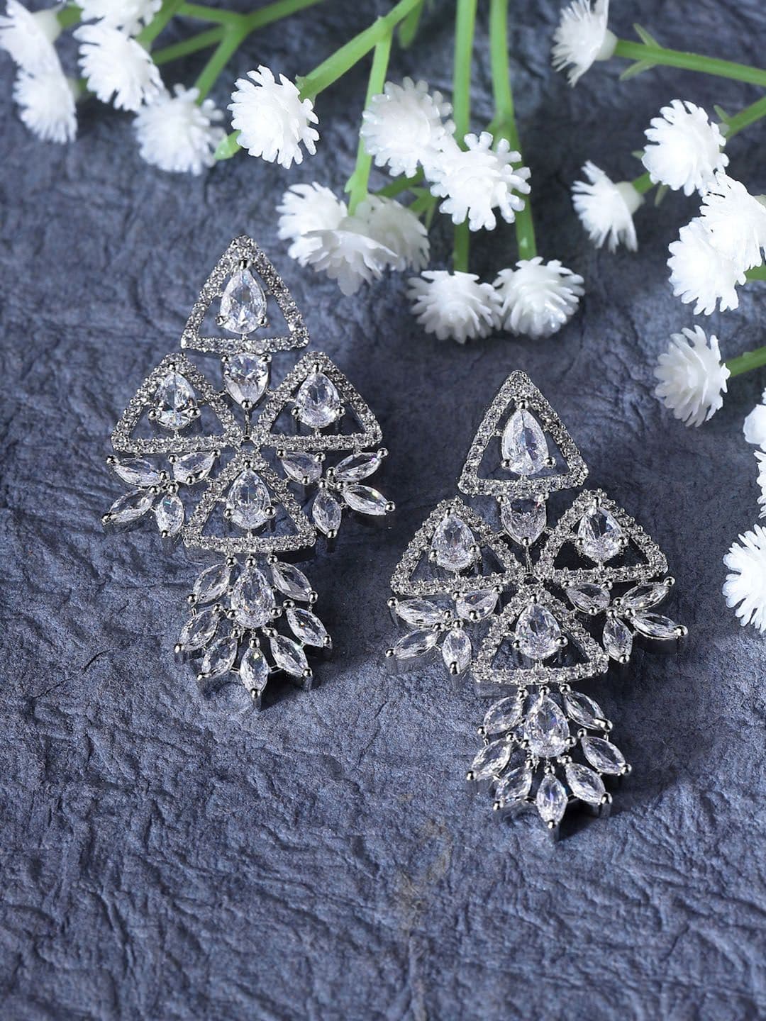 ZENEME Rhodium-Plated AD Studded Contemporary Drop Earrings - view 1