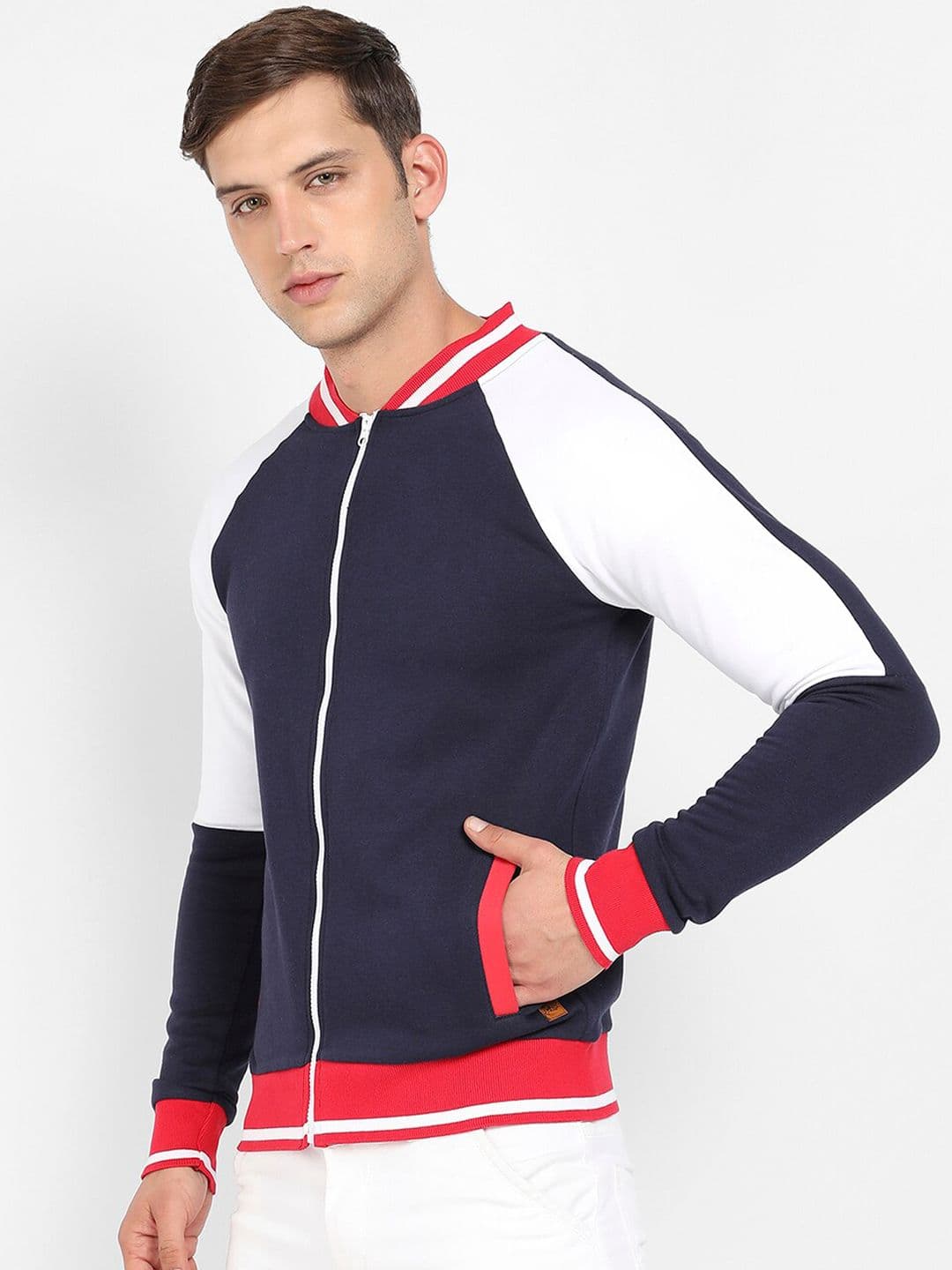 CAHOOT Navy Blue & Black Colourblocked Windcheater Mock Collar Cotton Bomber Jacket - view 1