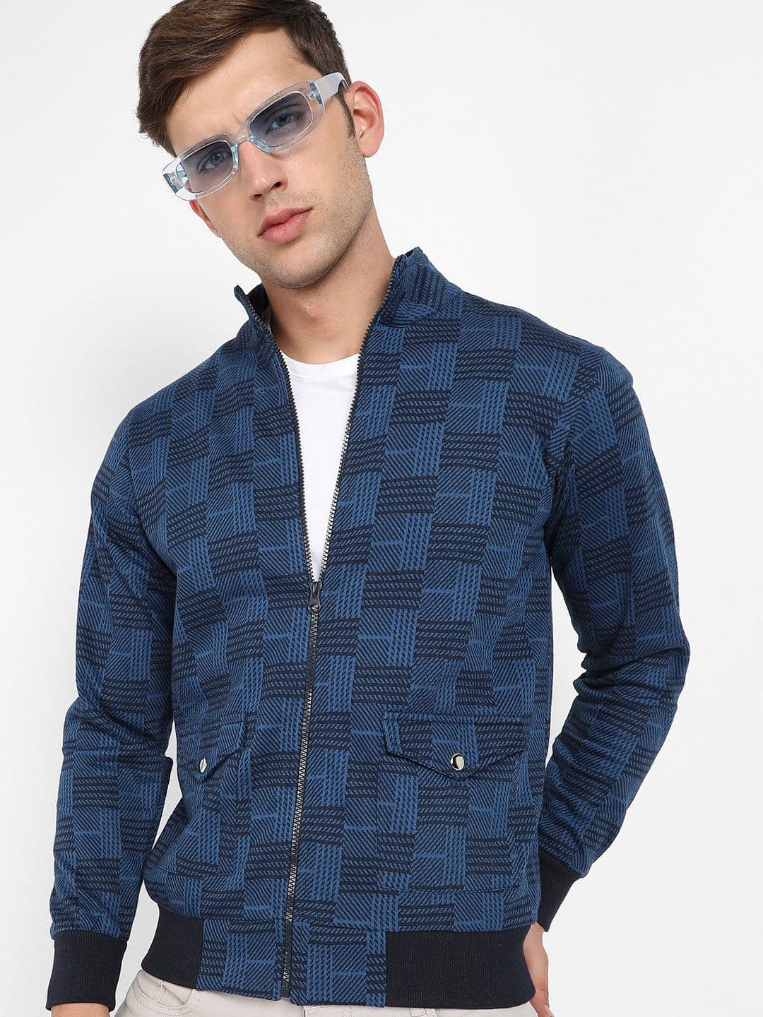 CAHOOT Campus Sutra Blue & Black Checked Windcheater Stand Collar Cotton Bomber Jacket - view 1