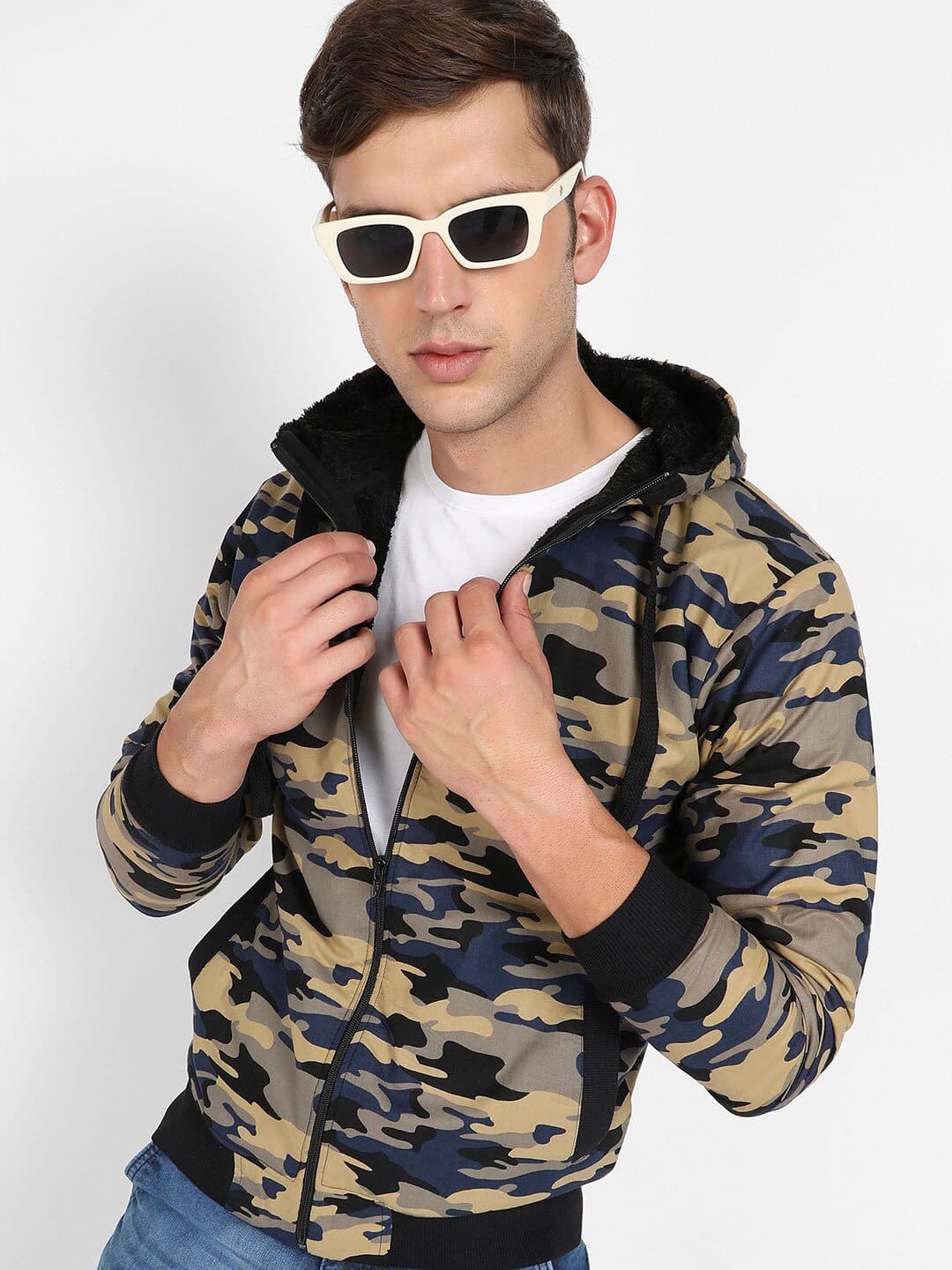 CAHOOT Navy Blue & Beige Camouflage Windcheater Hooded Cotton Bomber Jacket - view 1