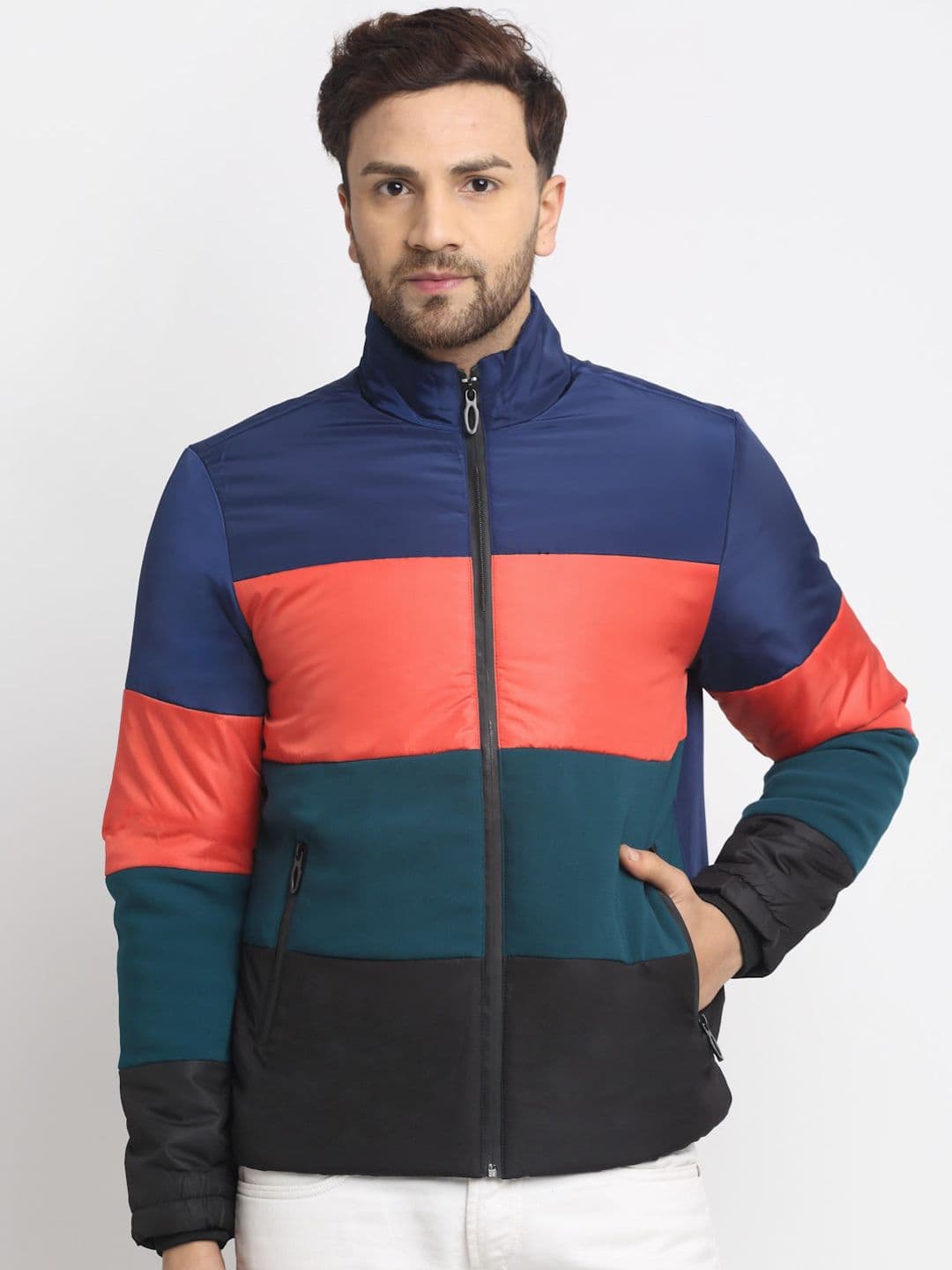 HOUSE OF VEDAS Men Multicoloured Colourblocked Windcheater Outdoor Padded Jacket with Patchwork - view 1