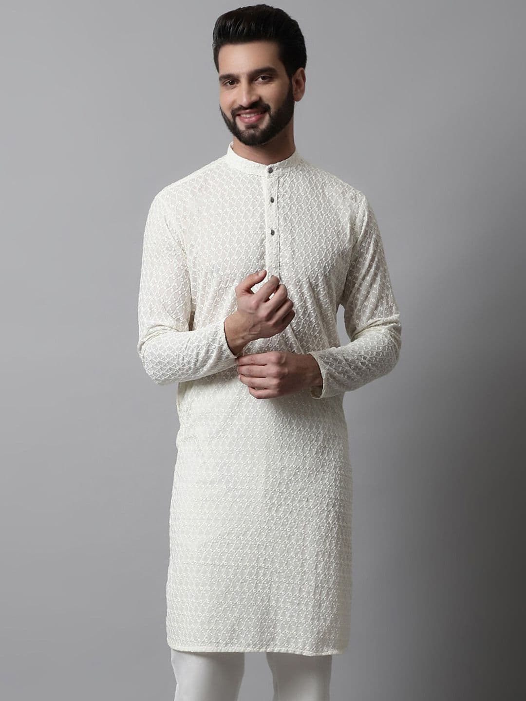 Jompers Men Cream-Coloured Geometric Thread Work Kurta - view 1