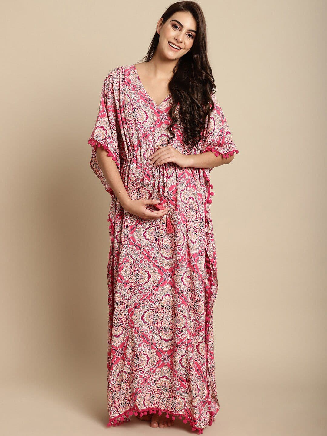 Secret Wish Ethnic Motifs Printed V-Neck Pure Cotton Maternity Maxi Kaftan Nightdress - view 1