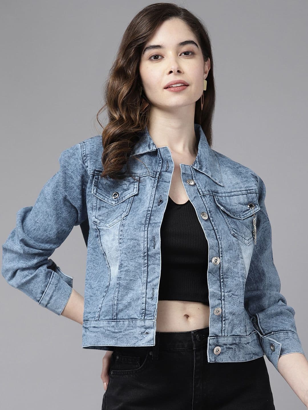 BAESD Spread Collar Washed Crop Denim Jacket - view 1